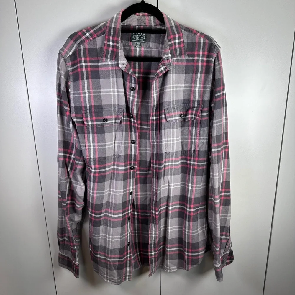 VTG J. Crew Plaid Flannel Shirt‎ MT Gray Pink White Long Sleeve Button Up